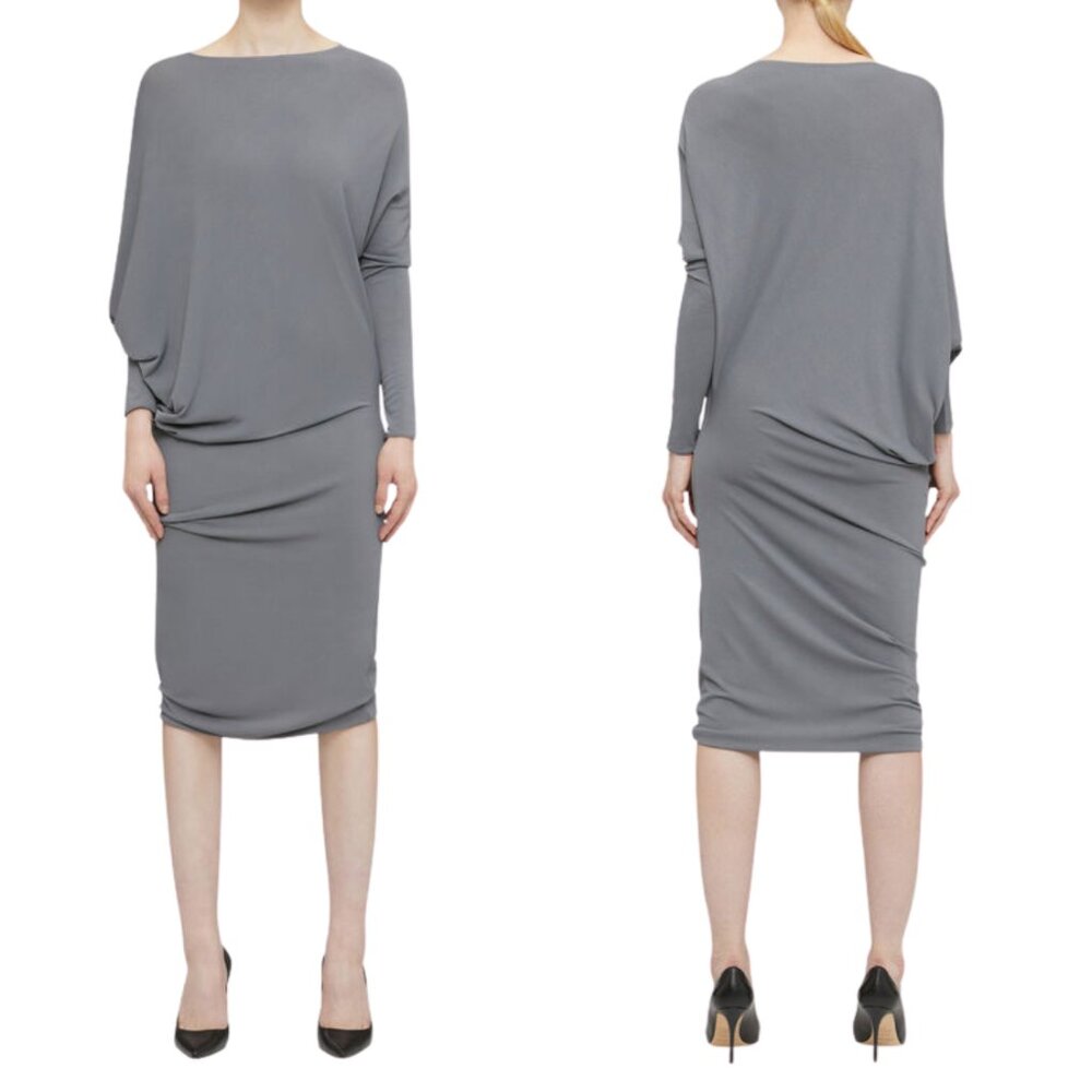 Jo No Fui Dress Faded Jersey Crepe Dress Long Sleeve Tie Cuff Dark Gray NWT L/40